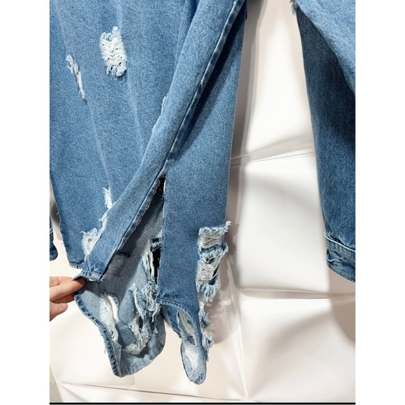 American Bazi Sz M Long Tunic Distressed Ripped Denim Duster Jacket NEW - Picture 5 of 10